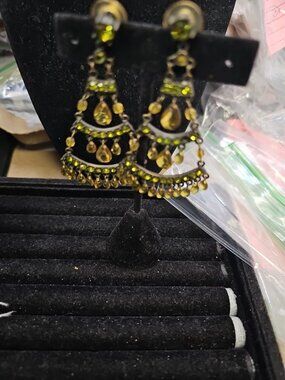 Earrings Pierced Gunmetal Green Rhinestones 3"inches Posts Dangle Disk...